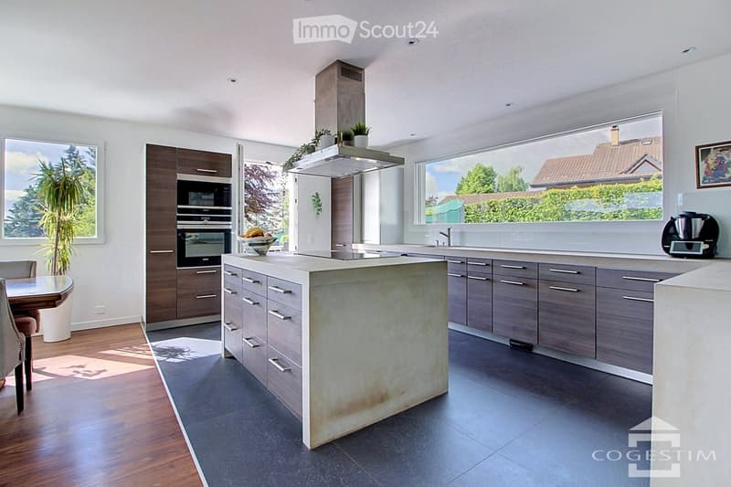 Modern kitchen with a central island, dark wood cabinets, stainless steel appliances, and large windows overlooking a garden.