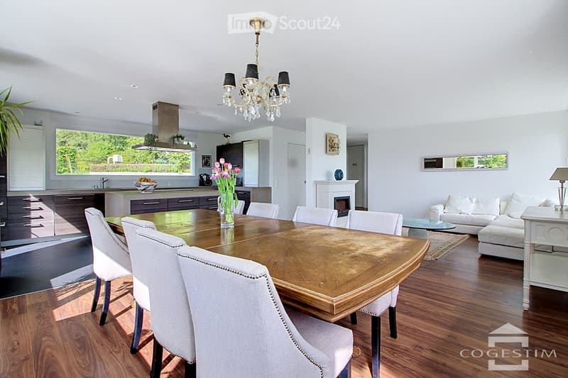 Open-plan living and dining area with a large wooden dining table, white dining chairs, a white sofa, a fireplace, and a modern kitchen with dark cabinets and a central island.