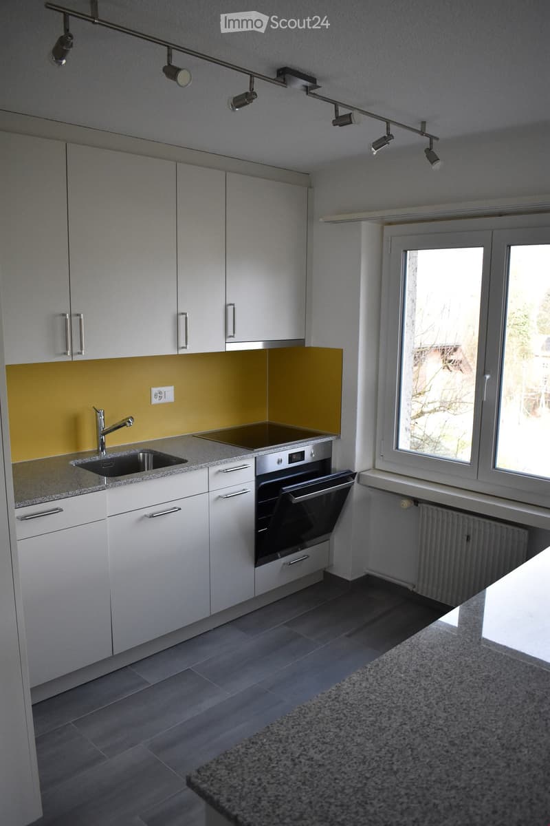Modern kitchen with white cabinets, granite countertop, stainless steel sink and oven, and a yellow backsplash.