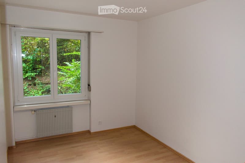 Empty room with light-colored walls, wooden flooring, and a large window showing greenery outside. A radiator is visible below the window.