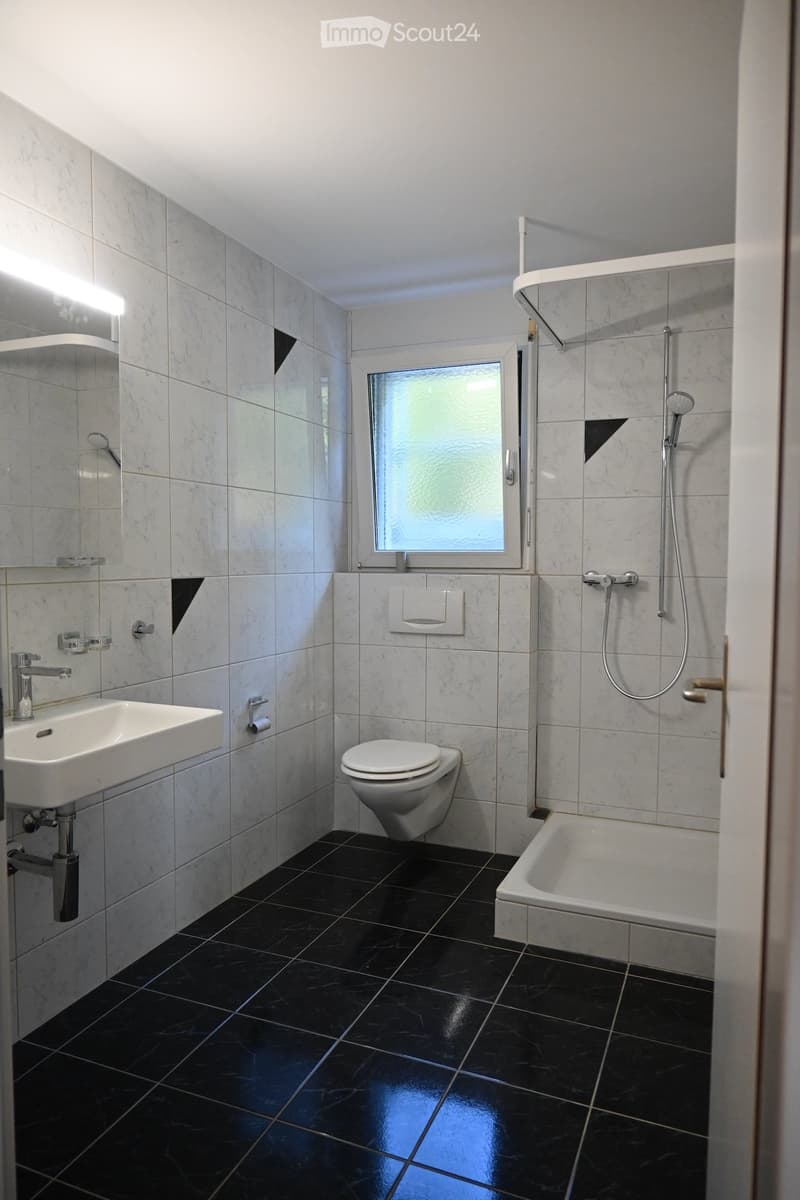 Modern white tiles, sink, toilet, shower stall, window