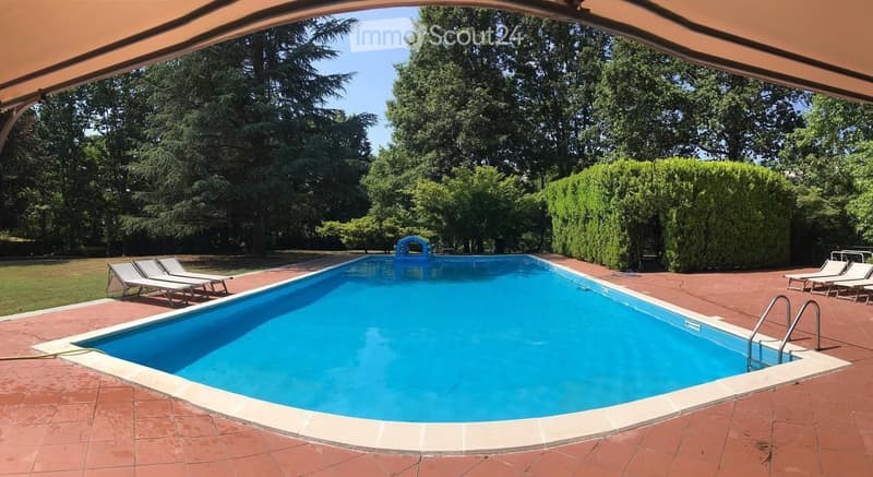 Outdoor swimming pool surrounded by lounge chairs, lush greenery, and trees.