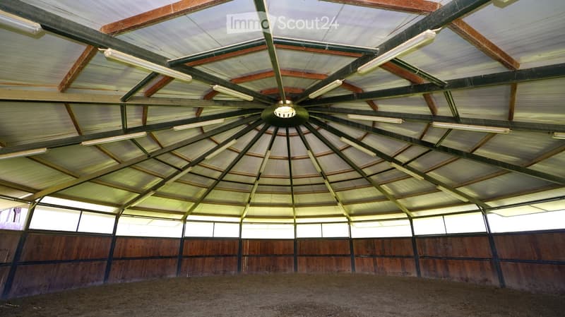 Large, open indoor space with a high, domed ceiling featuring exposed wooden beams and a central light fixture. The walls are made of wooden panels, and the floor is covered in dirt or sand.
