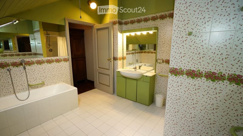 Bathroom with white tiled walls and floor, green cabinet, white sink, bathtub, and floral-patterned tiles. Features a large mirror with built-in lighting and a shower area visible through an open door.