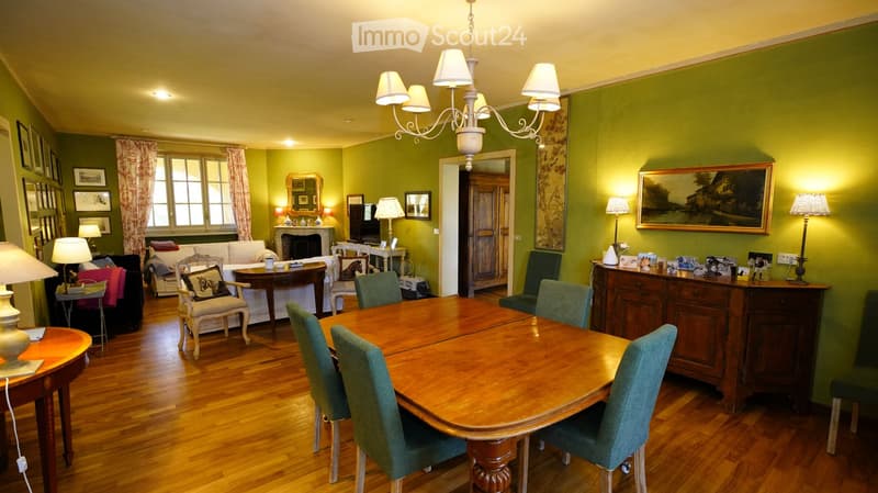 A well-furnished living and dining area with green walls, wooden flooring, and a chandelier. Features include a sofa, dining table with chairs, a fireplace, and several lamps.