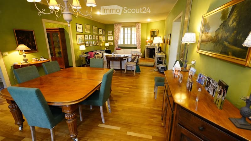 Spacious dining and living area with wooden floors, green walls, a large dining table with chairs, a sofa, coffee table, armchairs, a cabinet, fireplace, and several lamps.