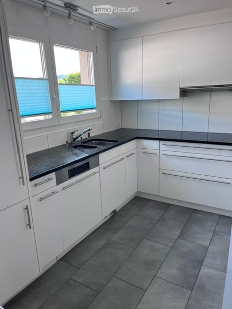 Modern kitchen with white cabinets, dark countertops, and a stainless steel sink. Features include built-in lighting and a dishwasher.