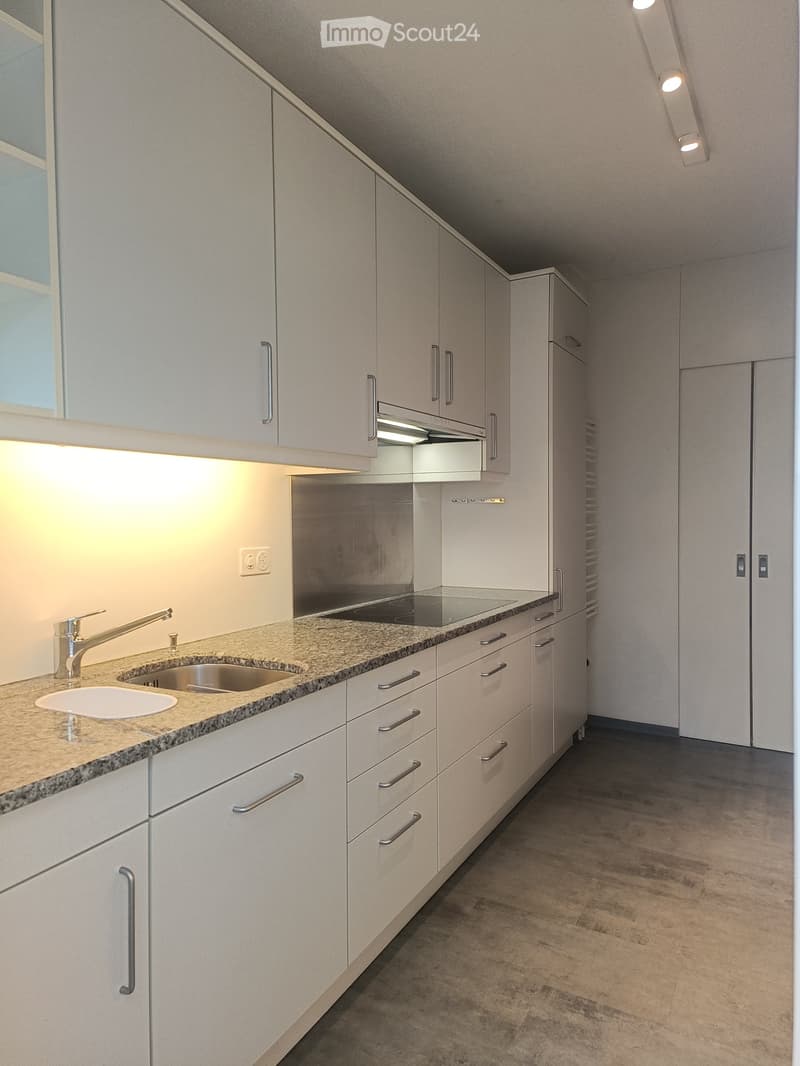 Modern kitchen with white cabinets, granite countertop, stainless steel sink, and built-in oven. Features sleek design with integrated lighting and ample storage space.