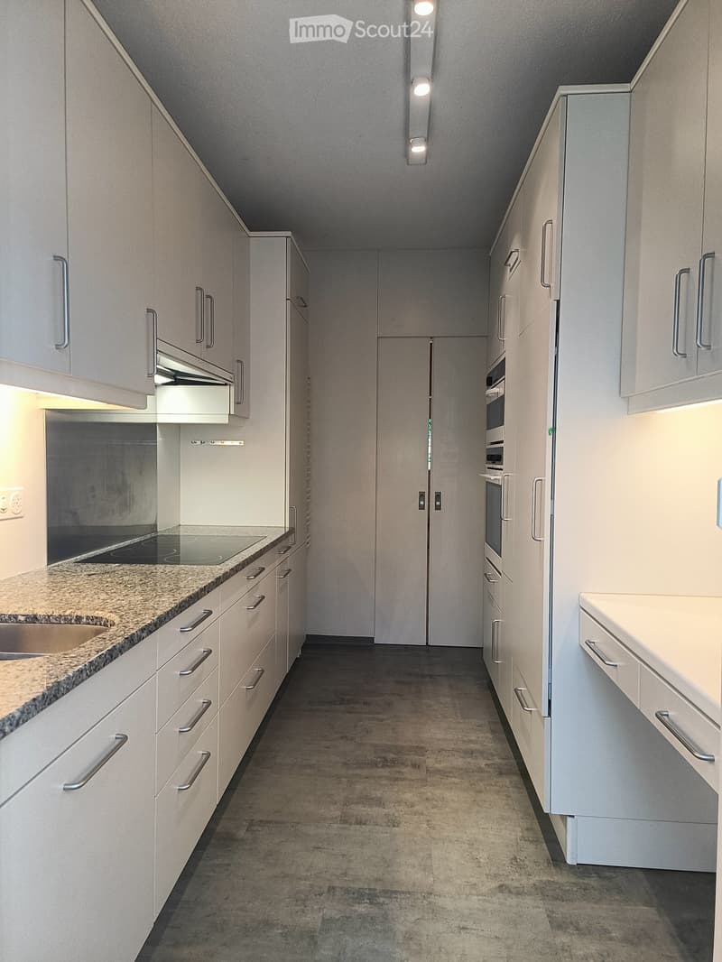 Modern kitchen with white cabinets, granite countertop, built-in oven, and stainless steel handles.