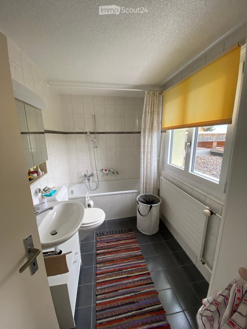 Bathroom with a sink, toilet, bathtub, mirror, and a window with a curtain. Includes a colorful striped rug on the floor and a trash can.