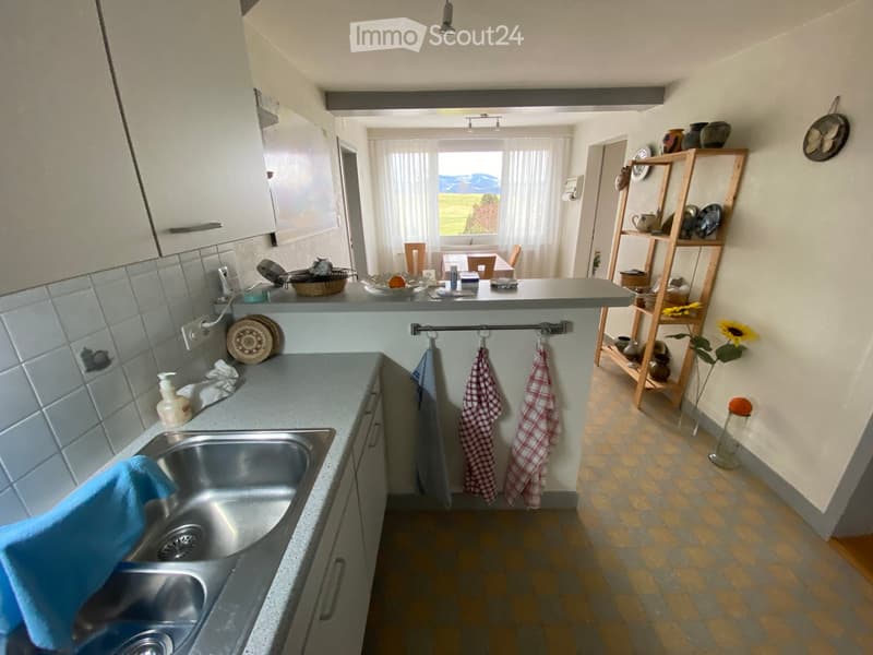 Bright kitchen with white cabinets, a stainless steel sink, and a counter with various dishes and items. Wooden shelf with decorative items and a vase with a sunflower is visible. The room has a view of a green field through a large window.