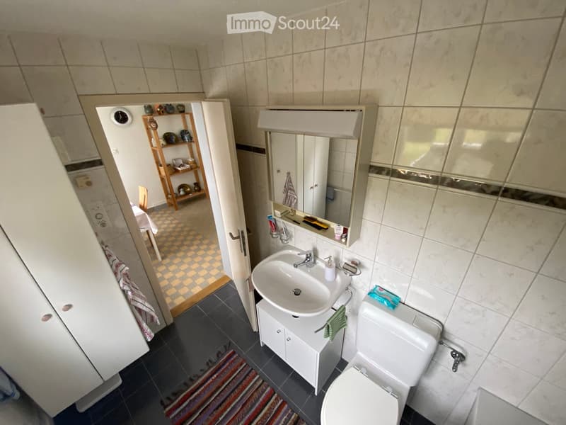 Bathroom with a white sink, toilet, mirror, and cabinet. A small rug is on the floor, and a towel hangs on the cabinet. A shelf with decorative items is visible in the adjacent room.
