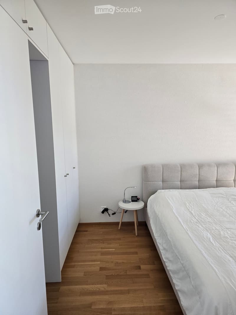 Modern bedroom with a wooden floor, white walls, a large bed with a tufted headboard, a small nightstand with a lamp and alarm clock, and built-in white wardrobes.