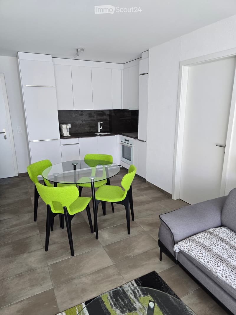 A modern, open-concept living and dining area with a grey sofa, coffee table, dining table with four green chairs, and a small kitchen area with white cabinets, an oven, refrigerator, and a coffee maker.
