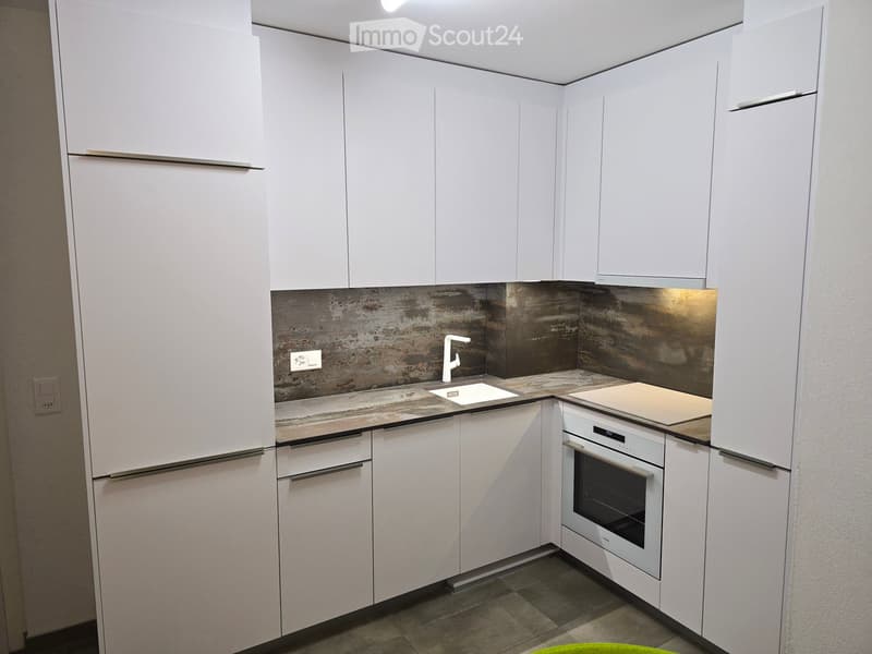 Modern kitchen with white cabinets, stainless steel sink, and built-in oven. Features a textured backsplash and sleek countertops.
