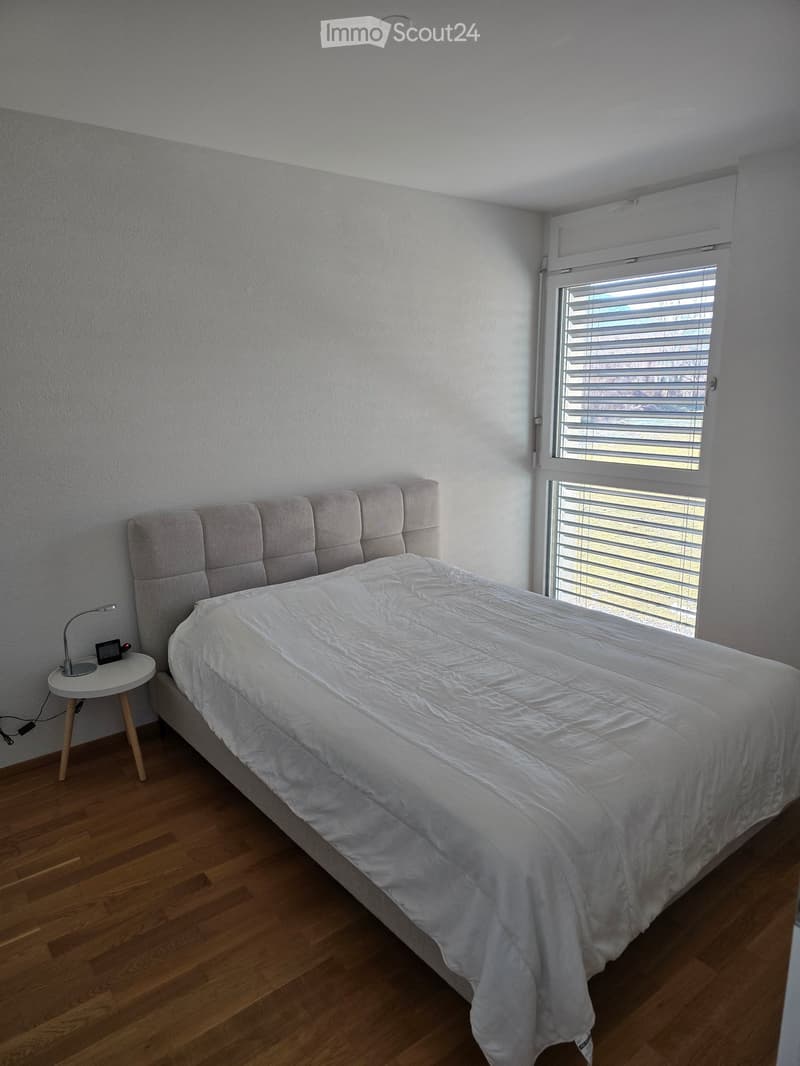 A modern bedroom with a large bed, upholstered headboard, white bedding, a small round nightstand with a lamp and clock, and wooden flooring.