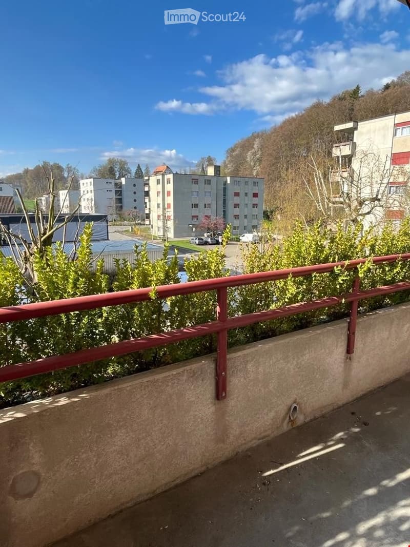 Balcony with a red metal railing, overlooking a residential area with buildings, parked cars, and greenery.