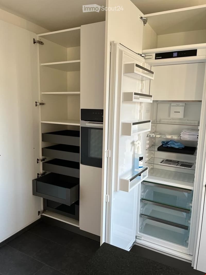 Modern kitchen with white cabinets, an open refrigerator, and a built-in oven. The refrigerator door is open, revealing shelves and compartments.