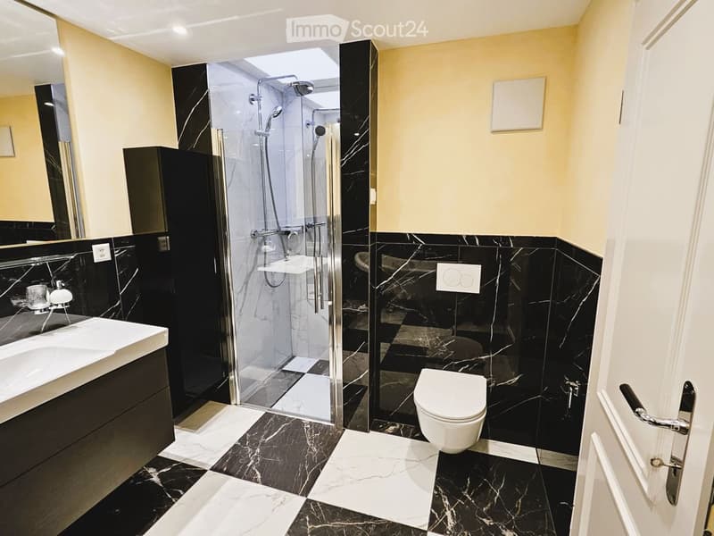 Modern bathroom with black marble tiles, a glass-enclosed shower, a white sink, and a toilet.