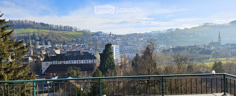 Panoramic city view from a balcony, featuring a mix of residential and commercial buildings, green hills, and a clear blue sky.