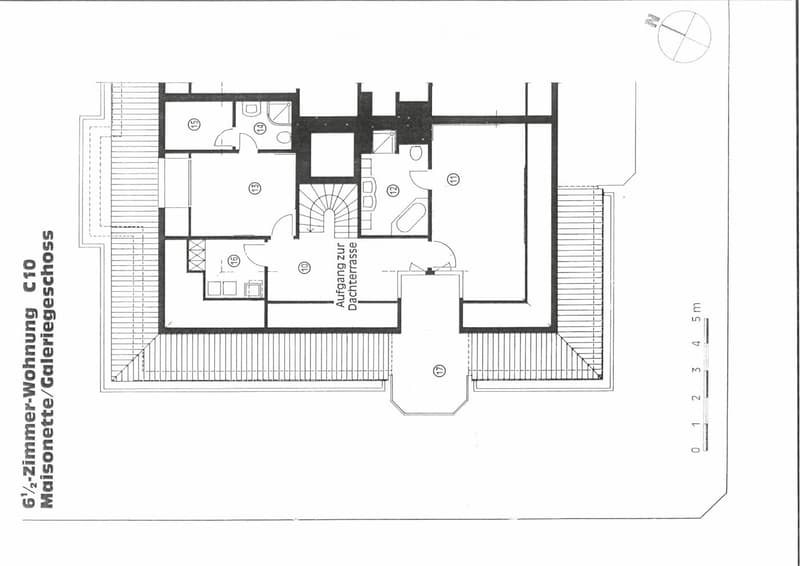 Floor plan of a 6.5-room apartment with a gallery level, including living room, kitchen, bedrooms, bathrooms, and staircase.