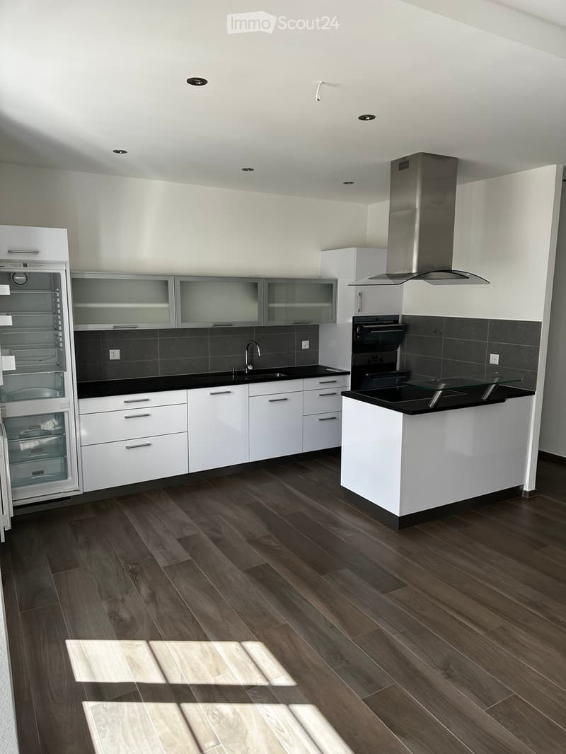 Modern kitchen with white cabinets, dark countertops, stainless steel appliances, and wooden flooring.