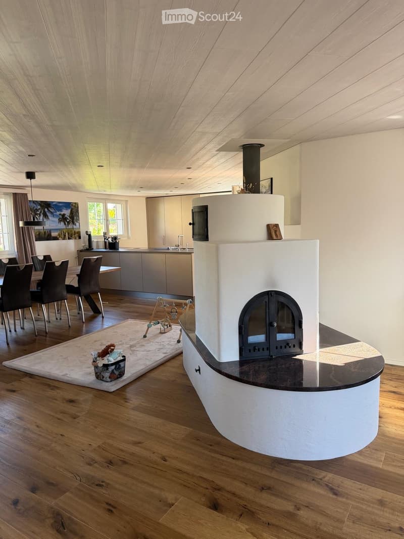 Open-plan living and dining area with a modern fireplace, dining table, chairs, and kitchen cabinets.