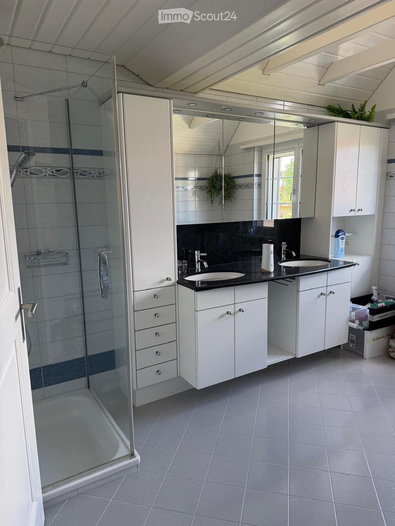 Modern bathroom with white cabinets, black countertop, double sink, large mirror, and a glass-enclosed shower. The space features tiled walls and floor, and includes a towel rack and a small decorative plant on the windowsill.
