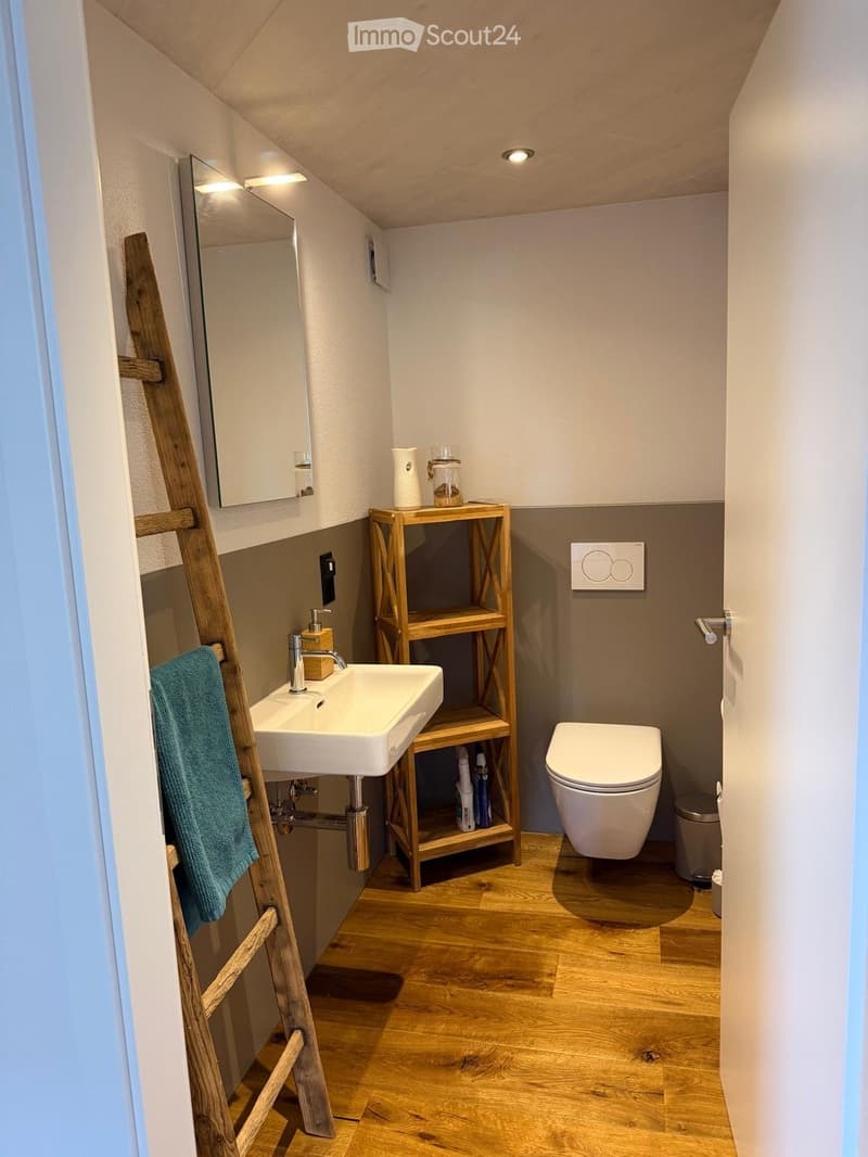 Modern bathroom with wooden flooring, white sink, toilet, mirror, and wooden shelf holding toiletries.