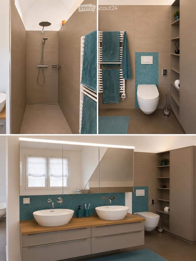 Modern bathroom with a shower, towel rack, toilet, double sink, and built-in cabinets. Features include a large mirror, sleek fixtures, and decorative teal tiles.