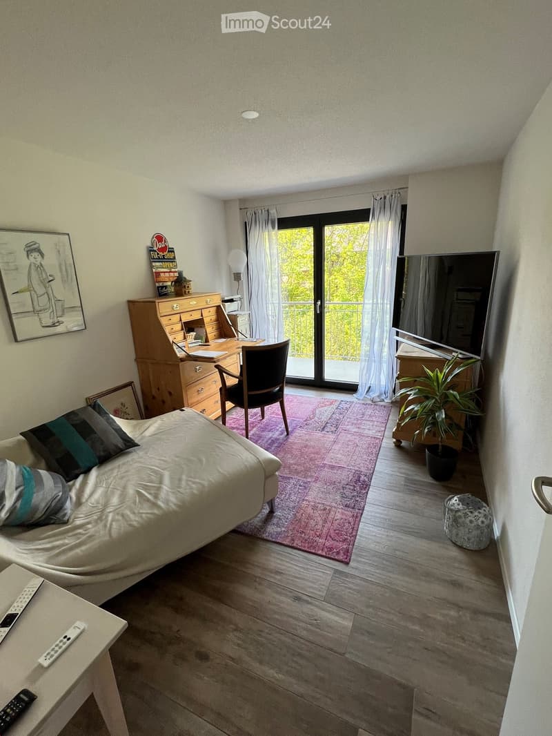Cozy bedroom with a sofa, desk, chair, and television. Features a balcony with a view, wooden flooring, and a pink rug.