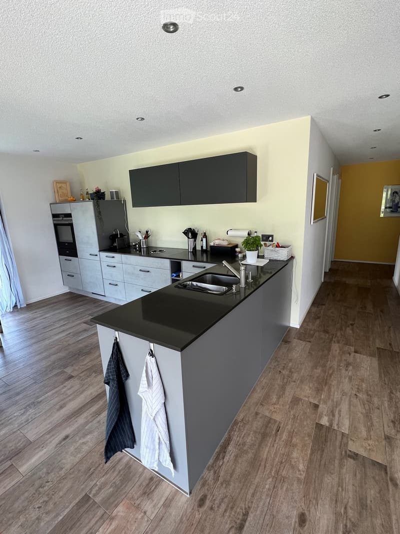 Modern kitchen with grey cabinets, black countertop, wooden flooring, and various appliances and decor items.