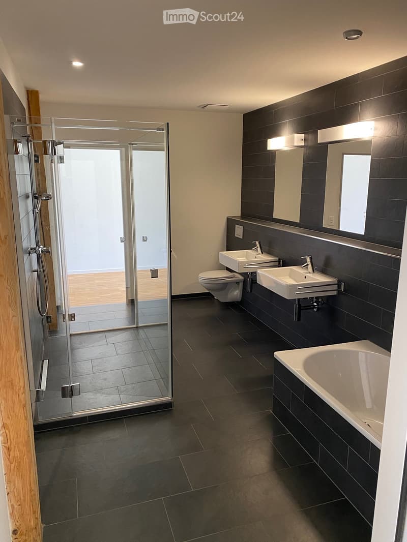 Modern bathroom with dark tiled walls and floor, featuring a bathtub, two sinks, a toilet, and a glass-enclosed shower area.