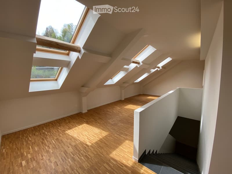Bright, open attic corridor with wooden flooring, white walls, and multiple skylights allowing natural light to flood the space. A staircase leads downwards.