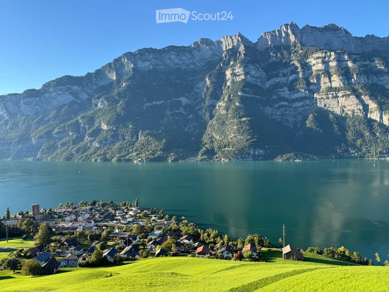 A scenic view of a lake surrounded by mountains, with a small town and green fields in the foreground.