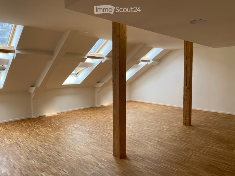 Empty attic space with wooden flooring, exposed wooden beams, and multiple skylights allowing natural light to enter.