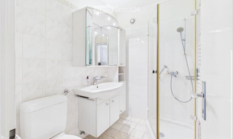 Modern bathroom with white tiles, a toilet, a sink with a mirror cabinet, and a glass-enclosed shower with a handheld showerhead.