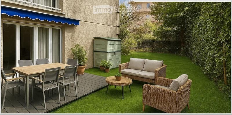 Outdoor patio area with a wooden dining table, chairs, wicker sofa, and small round table. Green storage shed and potted plants are visible.