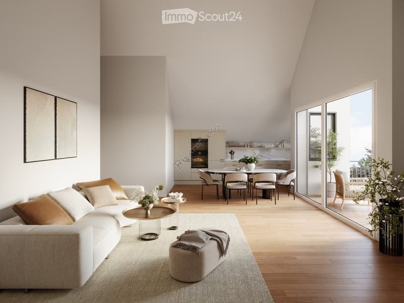 Modern living and dining area with a white sofa, ottoman, coffee table, dining table with chairs, and a kitchen area with a built-in oven and cabinets.