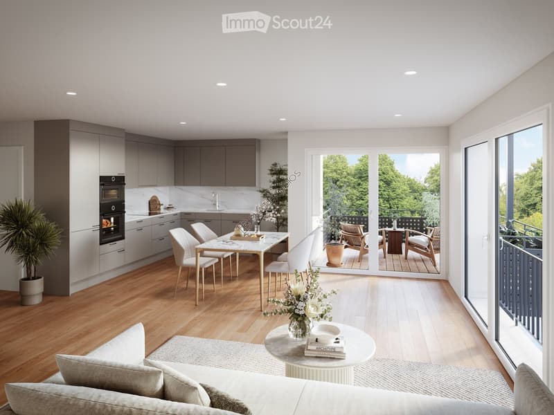 Modern open-plan living and dining area with a kitchen, white sofa, coffee table, dining table with chairs, and a balcony with outdoor seating.
