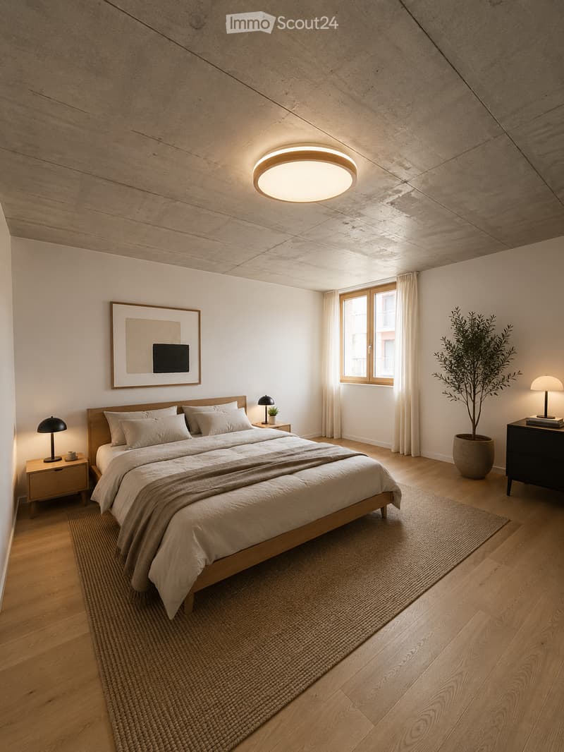 Modern bedroom with wooden floor, large bed, nightstands, lamps, and a potted plant near the window.