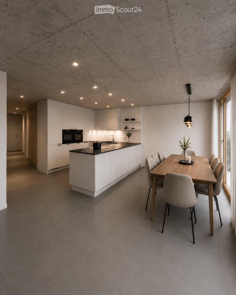 Modern kitchen with white cabinetry, island, sink, oven, and pendant light. Dining area includes a wooden table and chairs.
