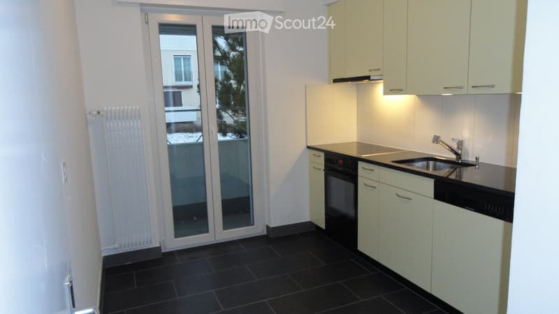 Modern kitchen with white cabinets, black countertop, stainless steel sink, and built-in appliances including an oven and dishwasher. Features a large glass door leading to an outdoor area.
