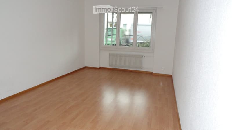 Empty room with light wooden flooring, white walls, and a single window with white frame. A radiator is mounted below the window.
