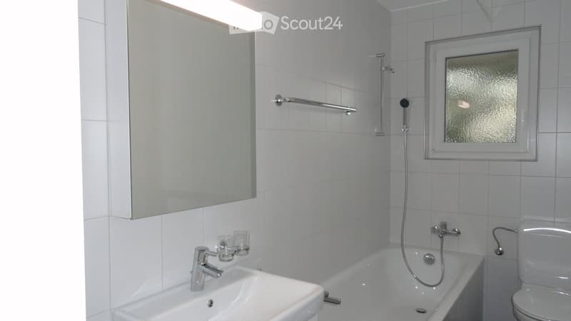 Modern bathroom with white tiles, a sink, bathtub, toilet, and a large mirror with built-in lighting. The shower area features a glass-enclosed window and a handheld showerhead.