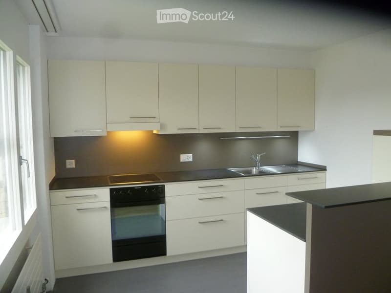 Modern kitchen with white cabinets, black countertop, stainless steel sink, and built-in oven.