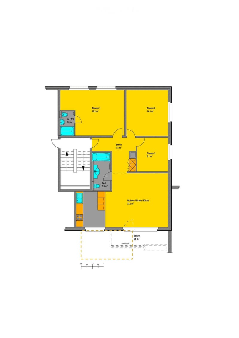 Floor plan of a 3-bedroom apartment with a living/dining/kitchen area, bathroom, and balcony.