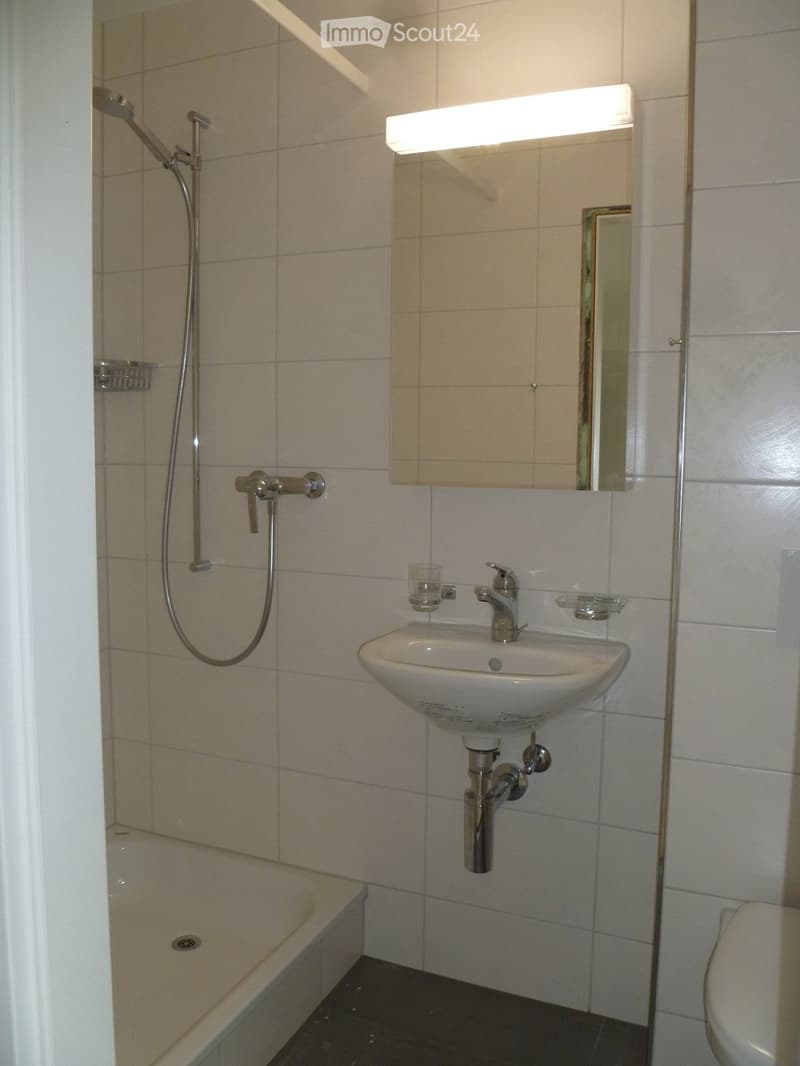 Modern bathroom with a white sink, mirror with built-in lighting, shower area, and toilet.