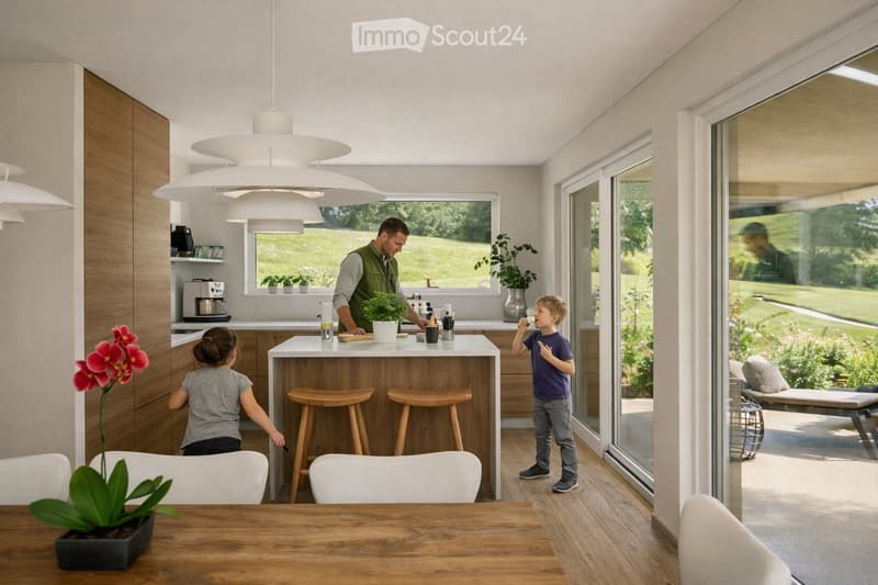 Modern kitchen with white cabinets, wooden island, pendant lights, and large windows overlooking a green lawn. Includes a coffee maker, stools, chairs, and a dining table.