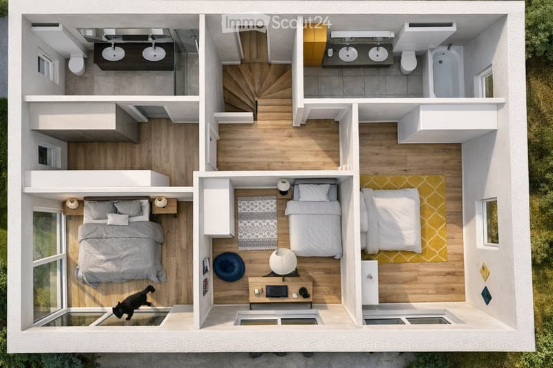 3D floor plan of a modern, compact apartment featuring a living area, two bedrooms, two bathrooms, and a staircase leading to a loft area. The layout includes built-in storage, a small kitchen area, and large windows for natural light.